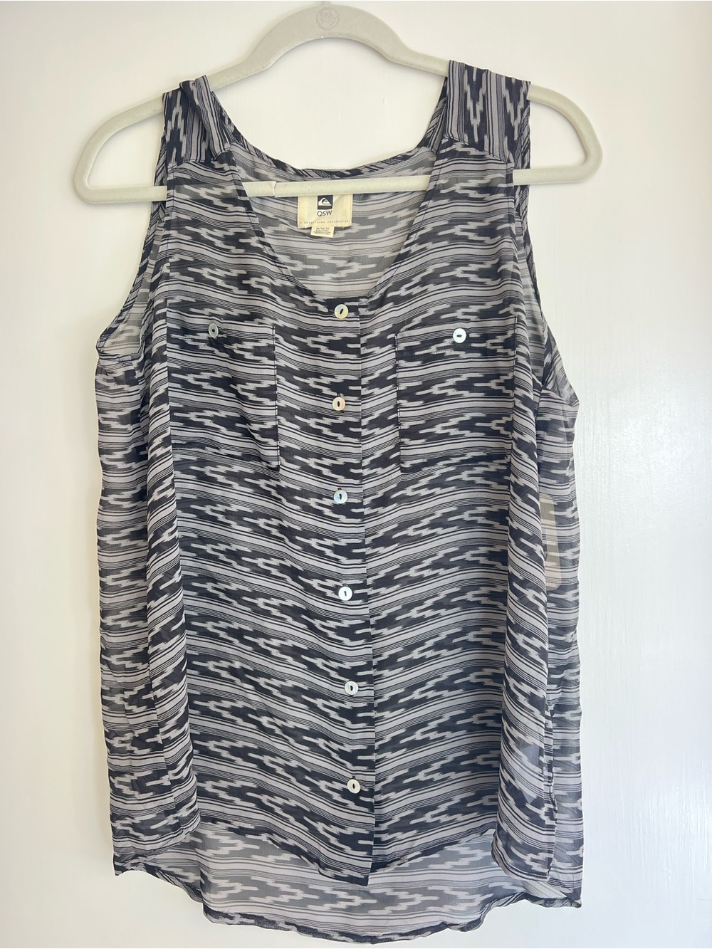 Quiksilver Women's Black & White Striped Ikat Geometric Button Tank